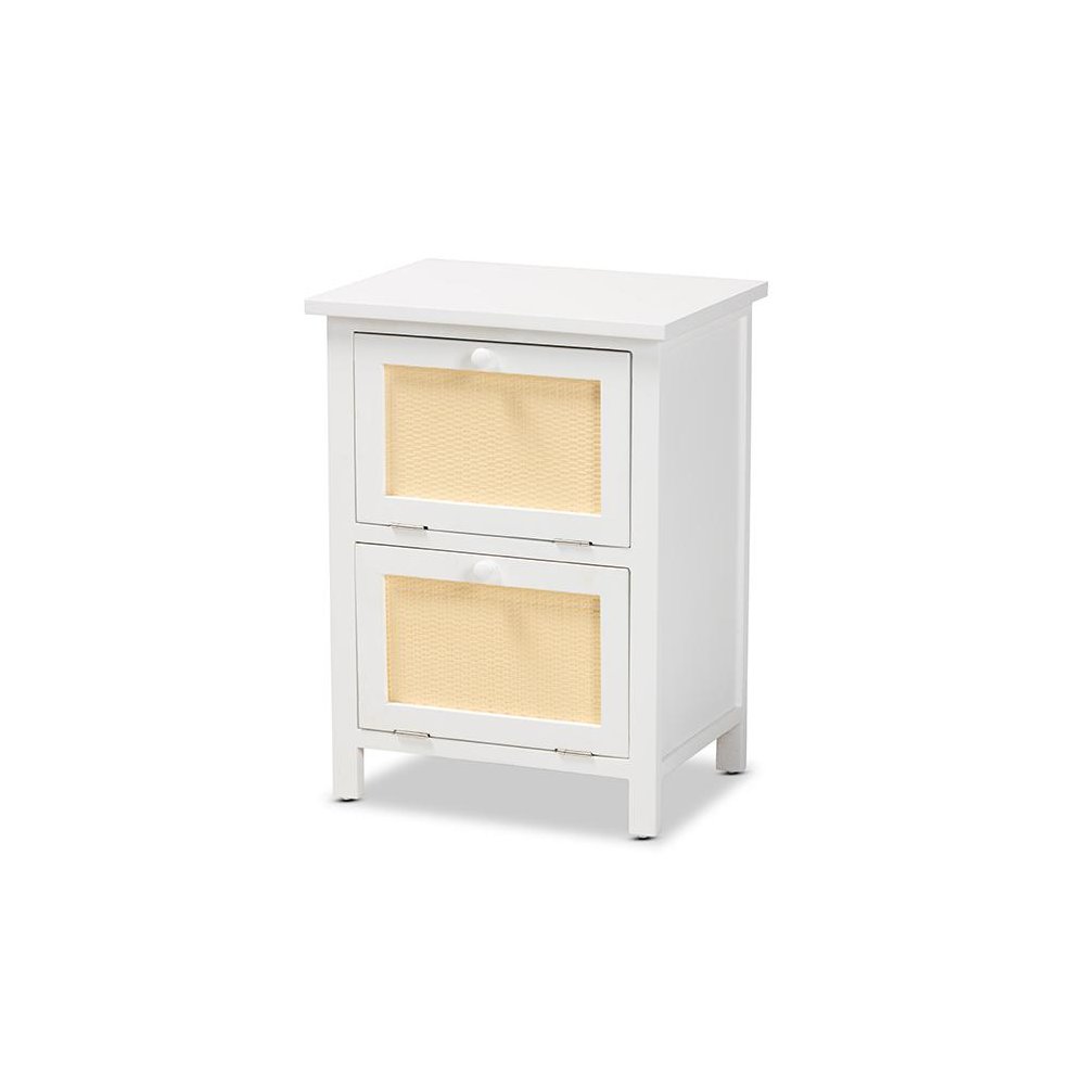 Sariah Mid-Century Modern White Finished Wood and Rattan 2-Door End Table. Picture 1