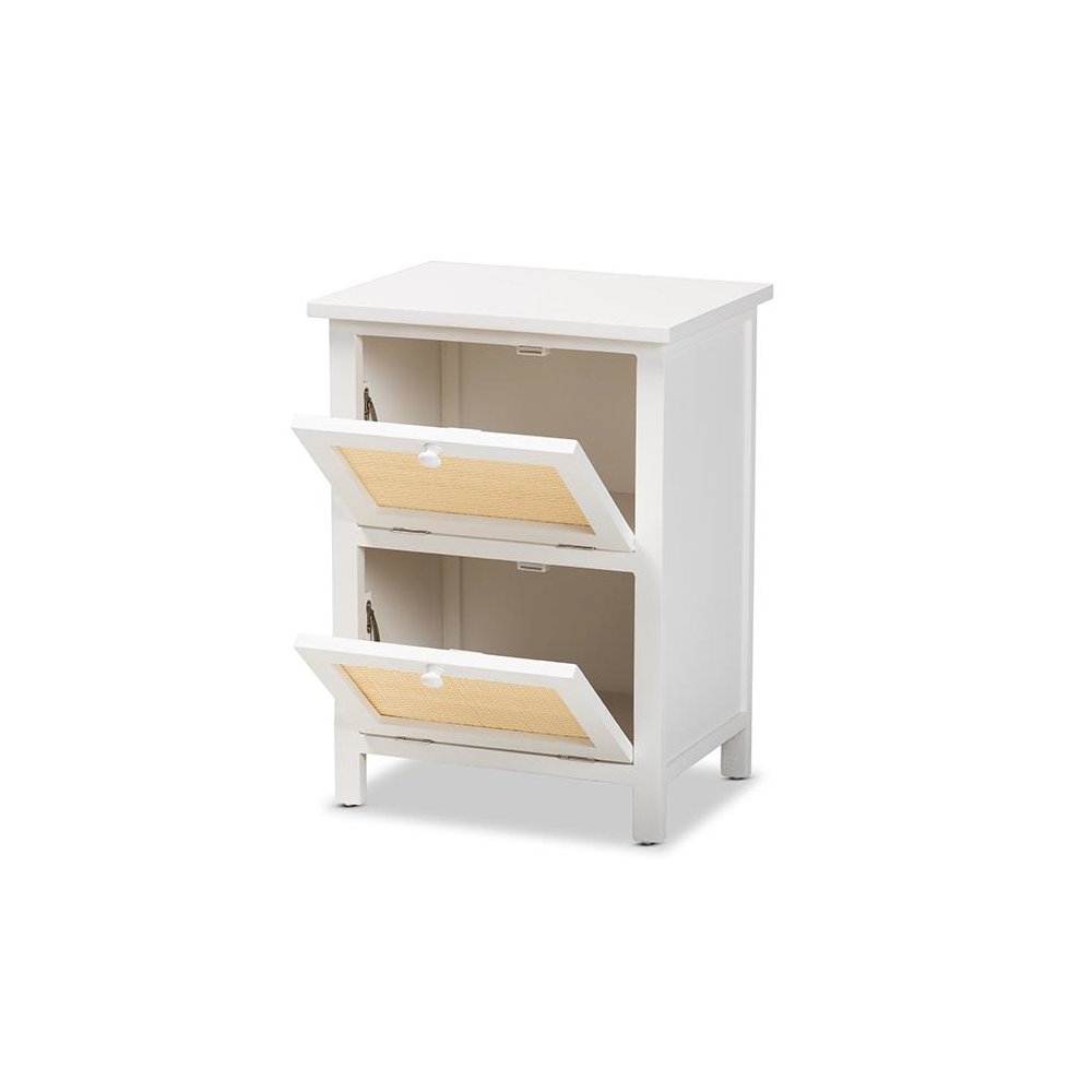 Sariah Mid-Century Modern White Finished Wood and Rattan 2-Door End Table. Picture 2