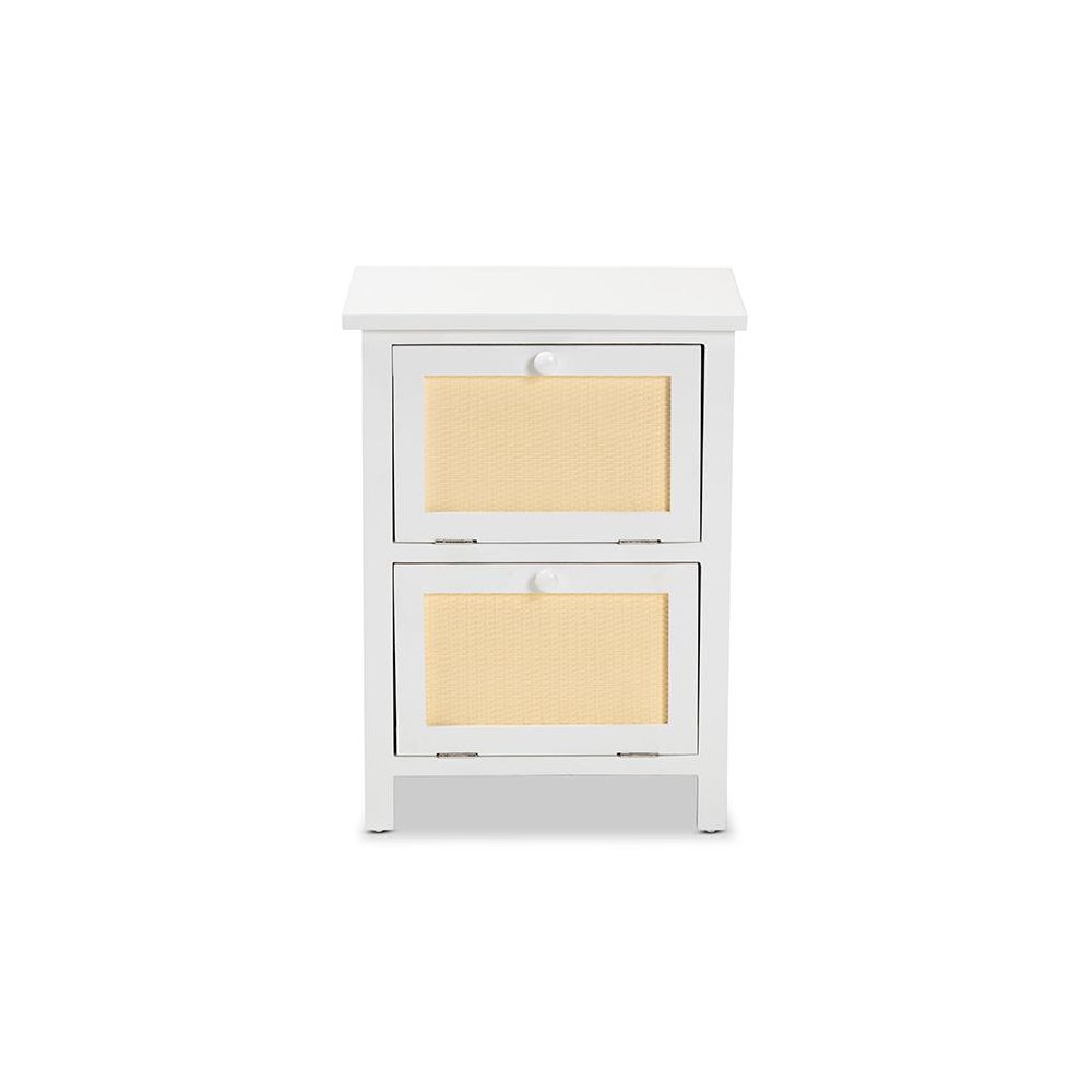Sariah Mid-Century Modern White Finished Wood and Rattan 2-Door End Table. Picture 3