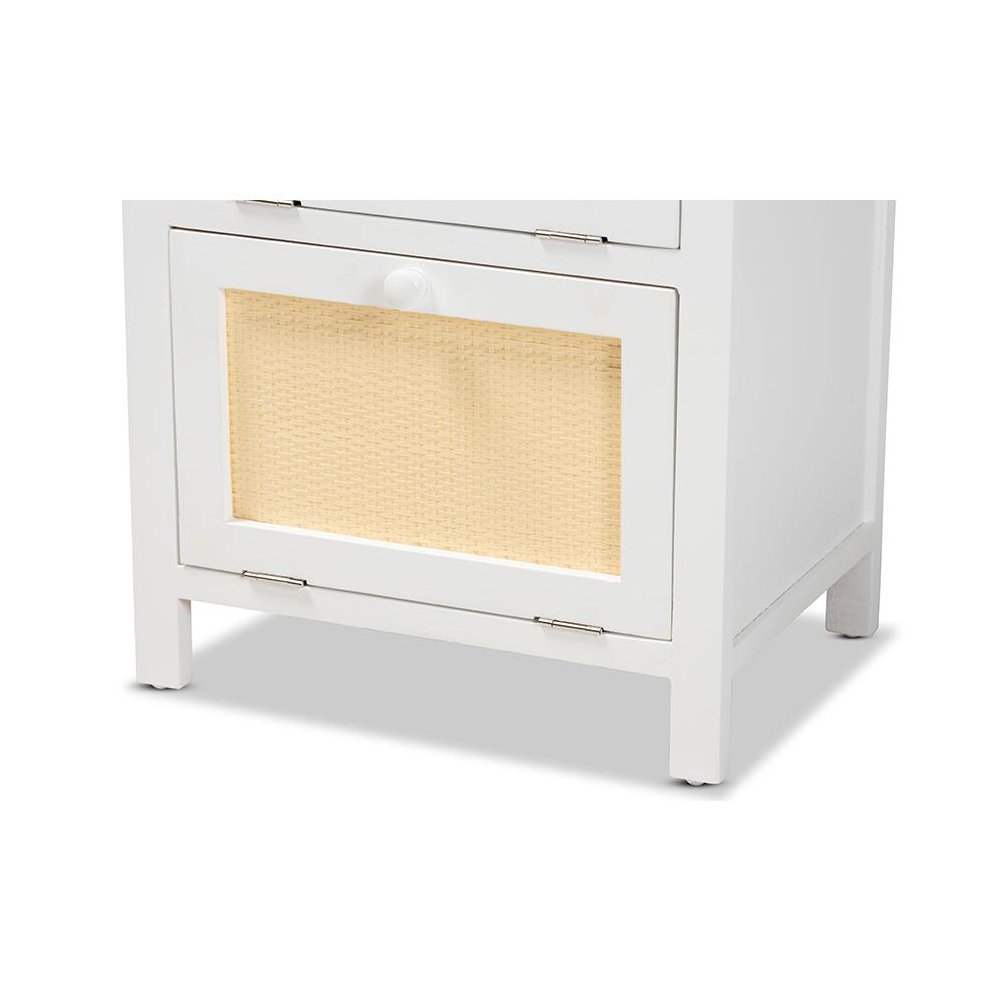 Sariah Mid-Century Modern White Finished Wood and Rattan 2-Door End Table. Picture 5