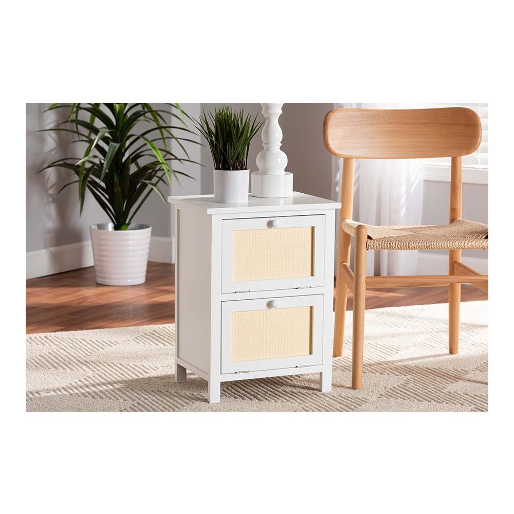 Sariah Mid-Century Modern White Finished Wood and Rattan 2-Door End Table. Picture 7