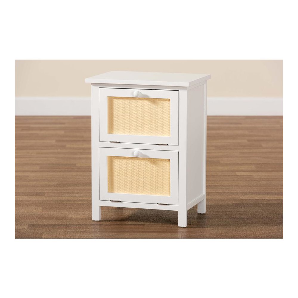 Sariah Mid-Century Modern White Finished Wood and Rattan 2-Door End Table. Picture 8
