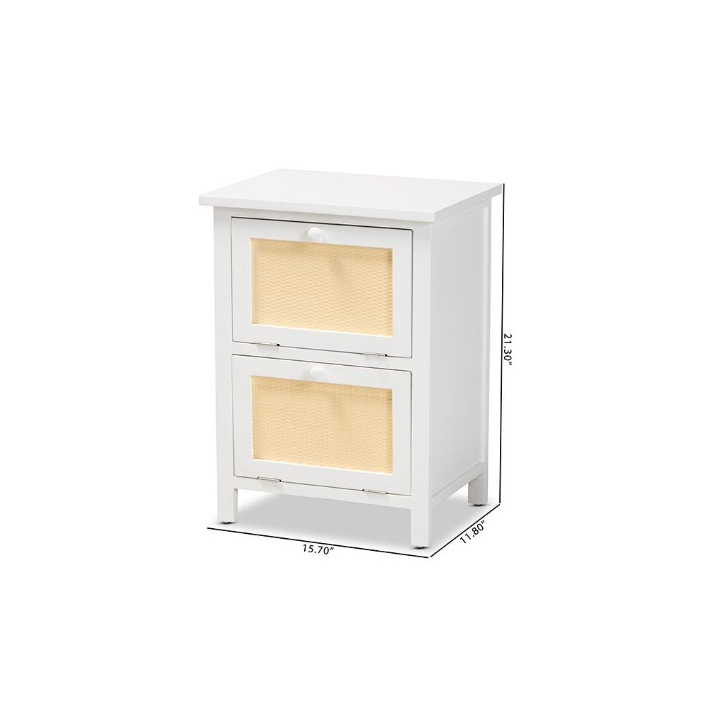 Sariah Mid-Century Modern White Finished Wood and Rattan 2-Door End Table. Picture 9
