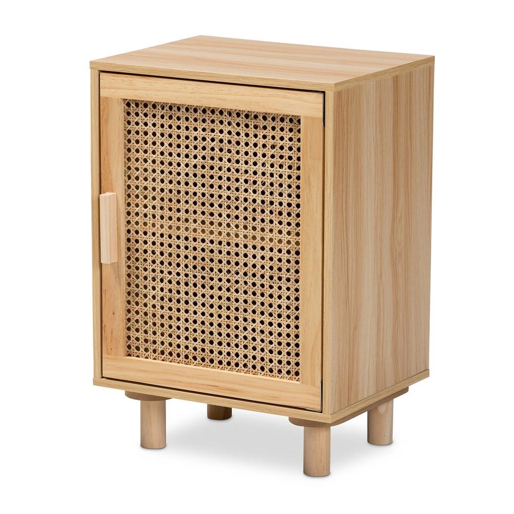 Rattan and Natural Brown Finished Wood 1-Door End Table. Picture 12