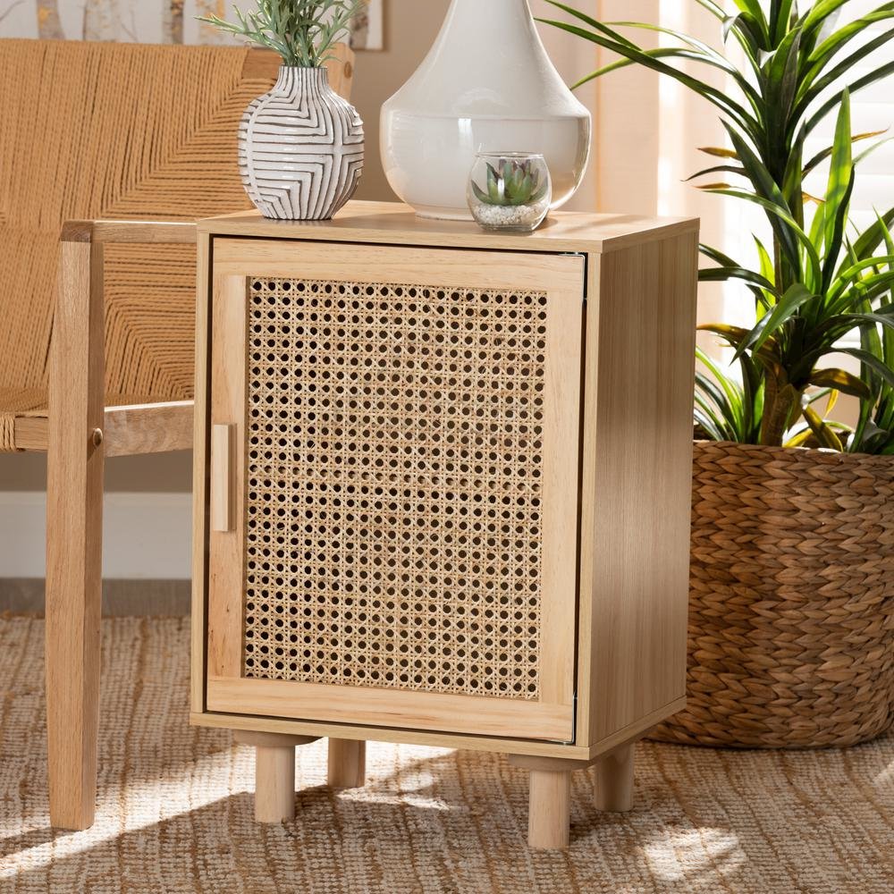 Rattan and Natural Brown Finished Wood 1-Door End Table. Picture 19