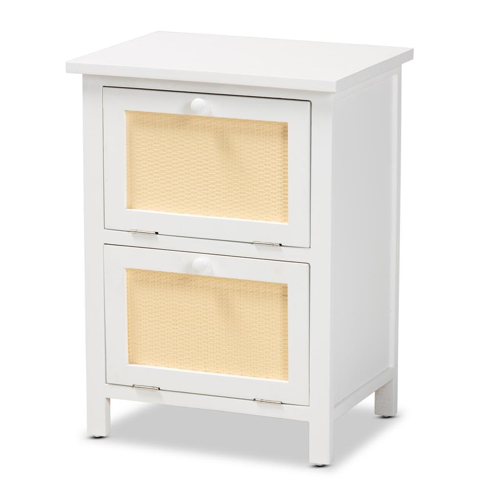 Sariah Mid-Century Modern White Finished Wood and Rattan 2-Door End Table. Picture 11