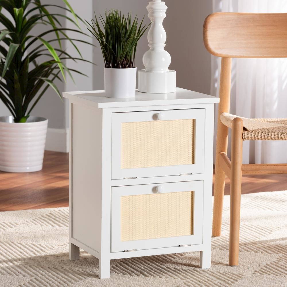 Sariah Mid-Century Modern White Finished Wood and Rattan 2-Door End Table. Picture 17