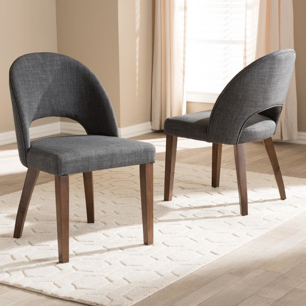 Wesley Mid-Century Modern Dark Grey Fabric Upholstered Walnut Finished Wood Dining Chair Set. Picture 7