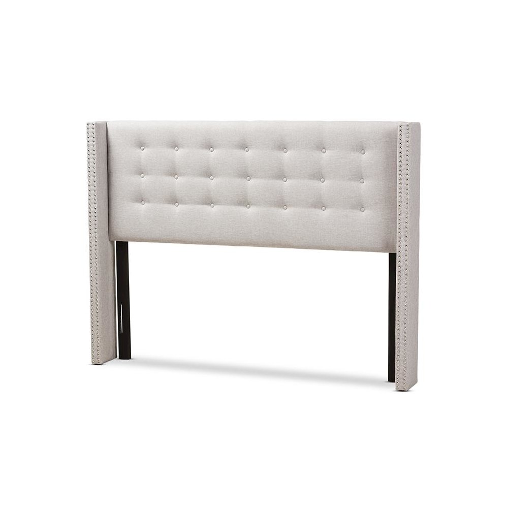 Greyish Beige Fabric Button-Tufted Nail head Queen Size Winged Headboard. Picture 1