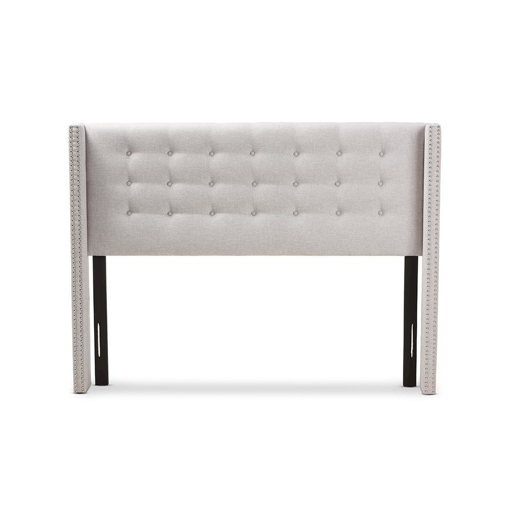 Greyish Beige Fabric Button-Tufted Nail head Queen Size Winged Headboard. Picture 2