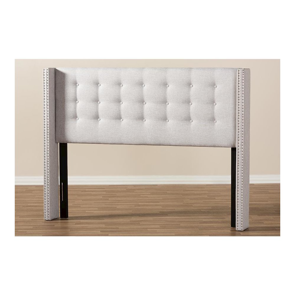 Greyish Beige Fabric Button-Tufted Nail head Queen Size Winged Headboard. Picture 5