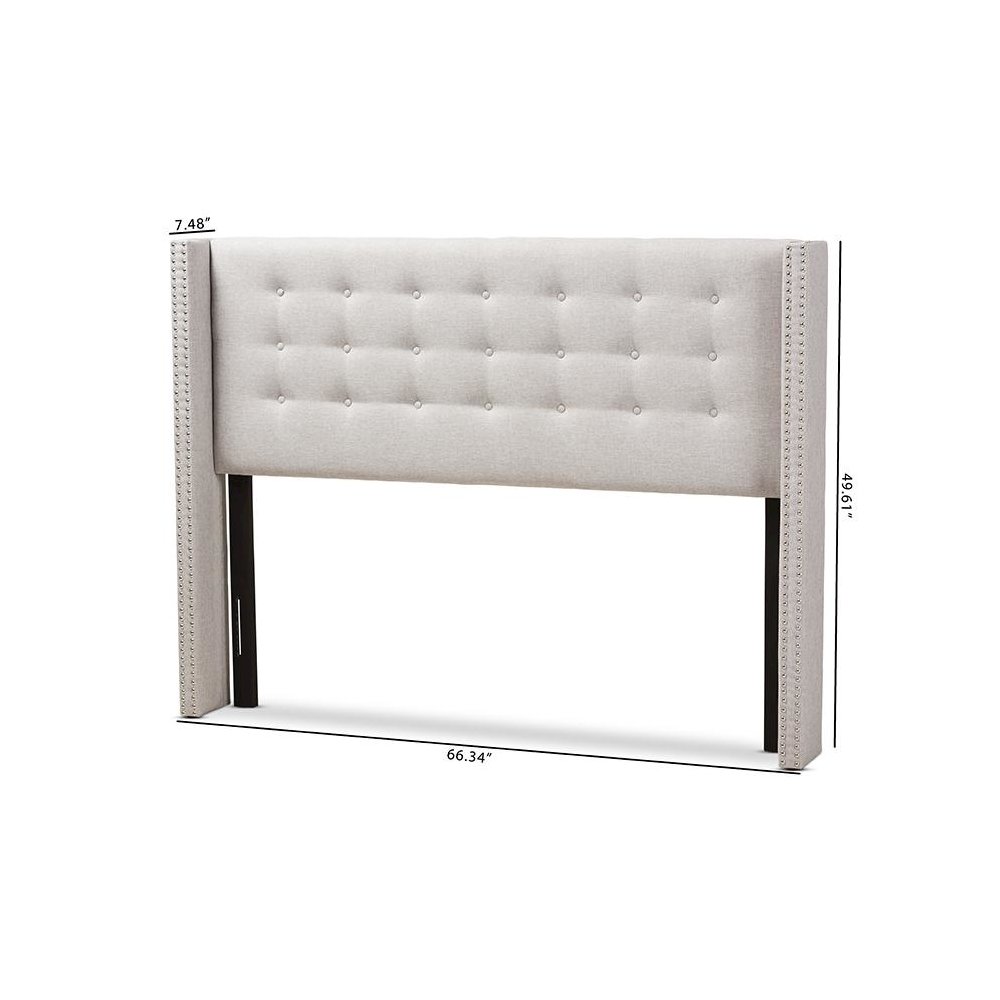 Greyish Beige Fabric Button-Tufted Nail head Queen Size Winged Headboard. Picture 6