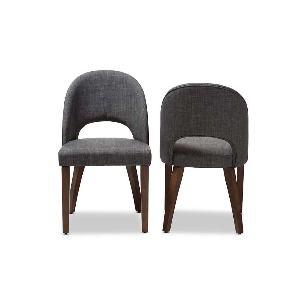 Wesley Mid-Century Modern Dark Grey Fabric Upholstered Walnut Finished Wood Dining Chair Set. Picture 3