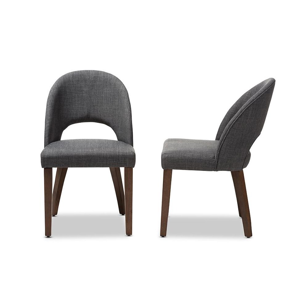 Wesley Mid-Century Modern Dark Grey Fabric Upholstered Walnut Finished Wood Dining Chair Set. Picture 4