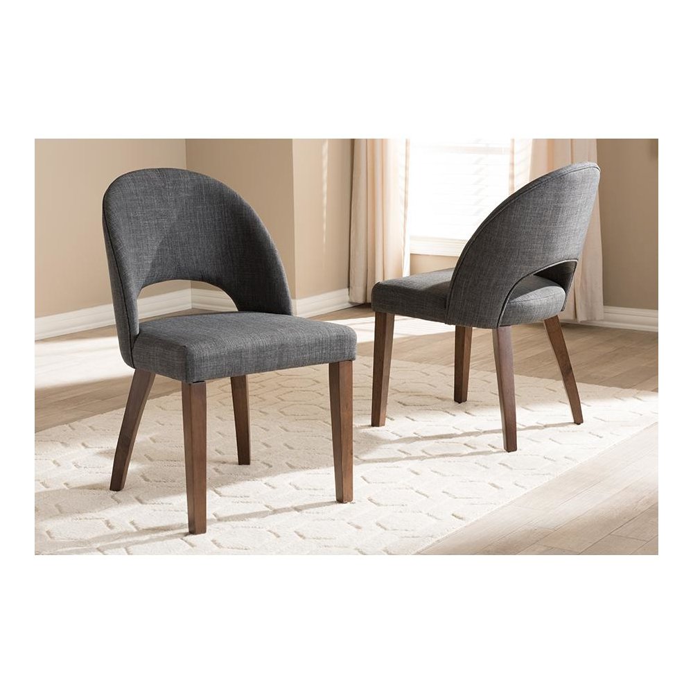 Wesley Mid-Century Modern Dark Grey Fabric Upholstered Walnut Finished Wood Dining Chair Set. Picture 2