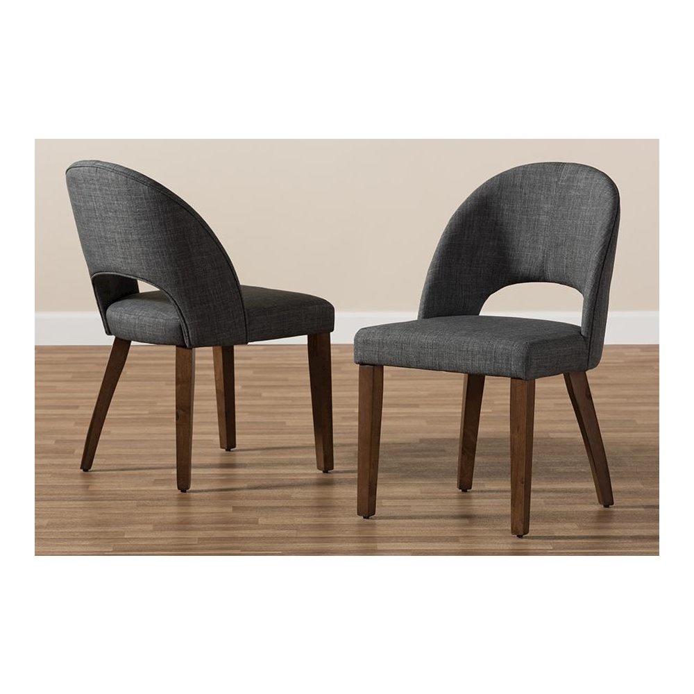 Wesley Mid-Century Modern Dark Grey Fabric Upholstered Walnut Finished Wood Dining Chair Set. Picture 8
