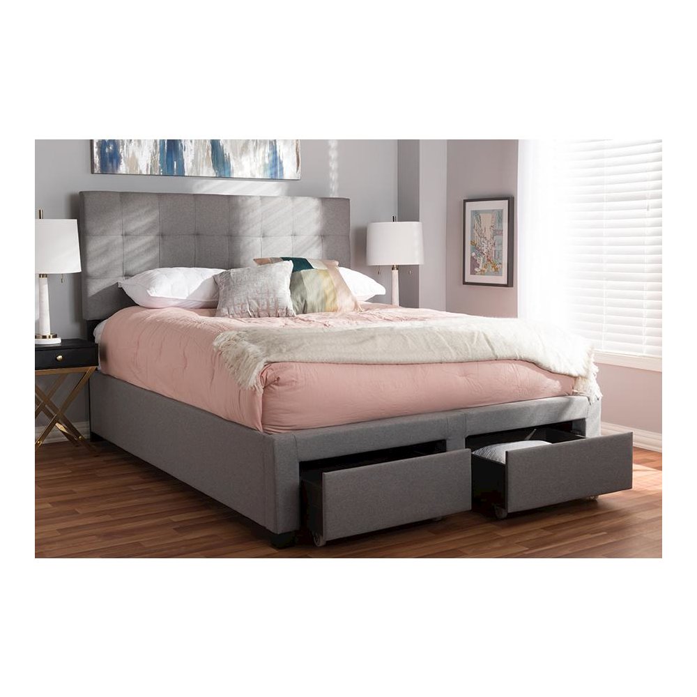 Tibault Modern and Contemporary Grey Fabric Upholstered Queen Size Storage Bed. Picture 2