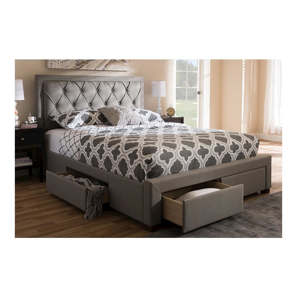 Aurelie Modern and Contemporary Light Grey Fabric Upholstered Queen Size Storage Bed. Picture 2