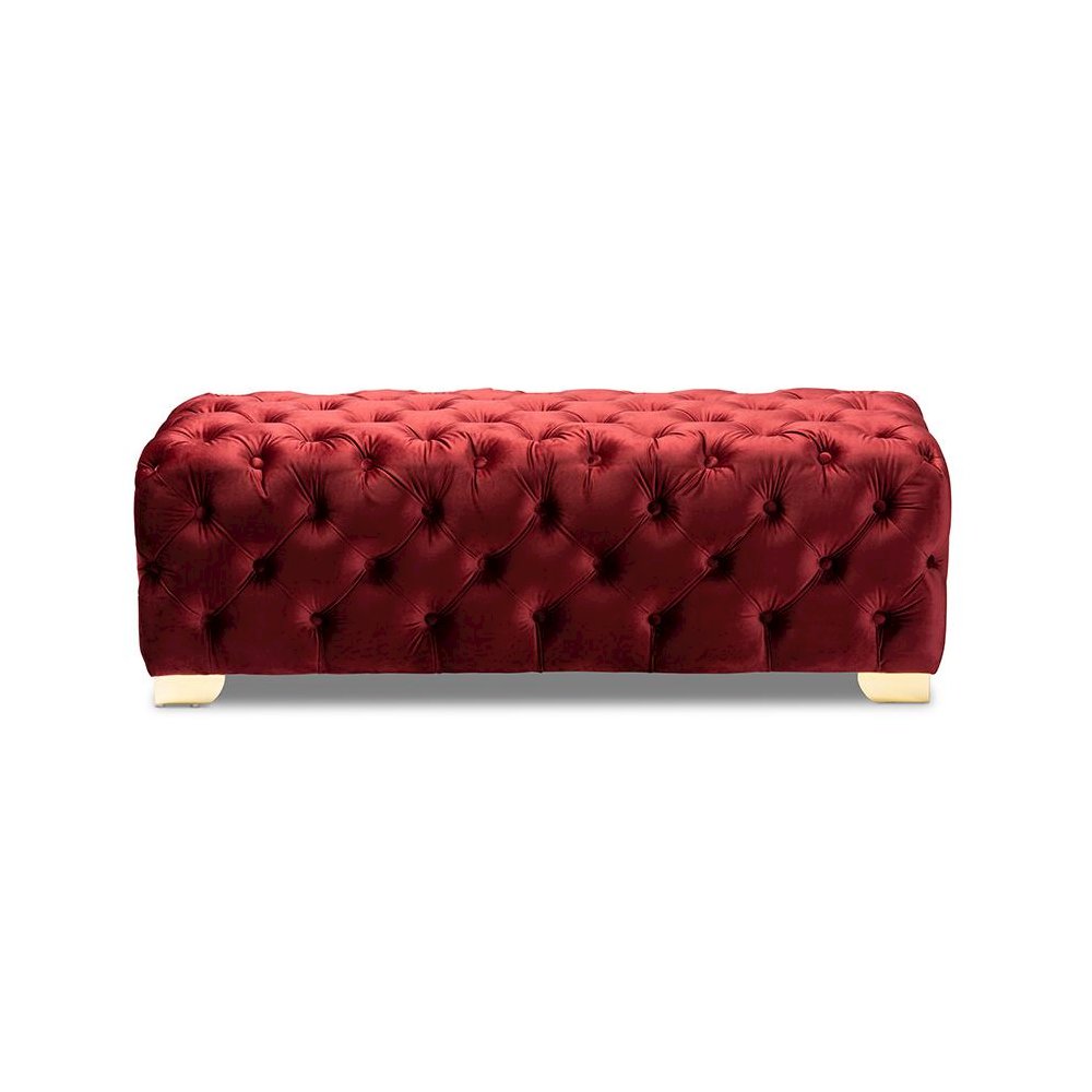Baxton Studio Avara Glam and Luxe Burgundy Velvet Fabric Upholstered Gold Finished Button Tufted Bench Ottoman. Picture 3