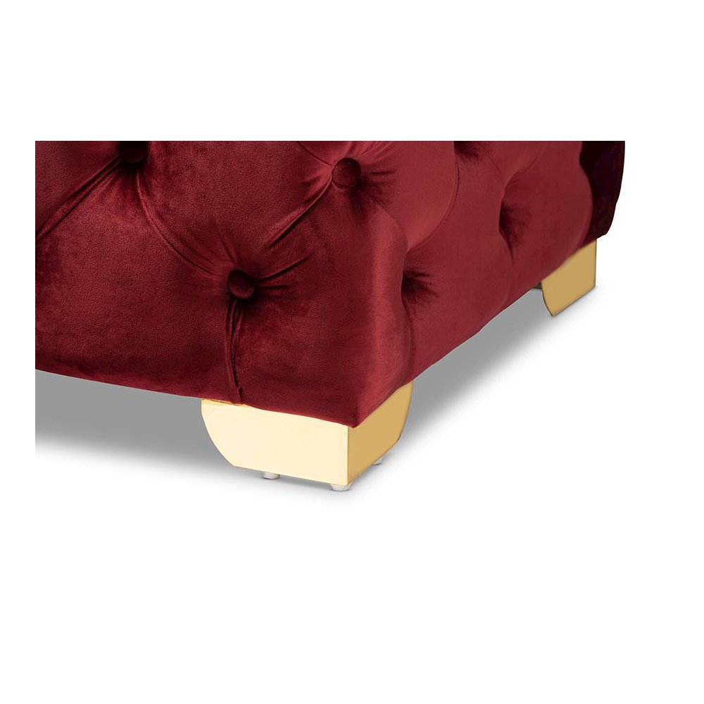 Baxton Studio Avara Glam and Luxe Burgundy Velvet Fabric Upholstered Gold Finished Button Tufted Bench Ottoman. Picture 6