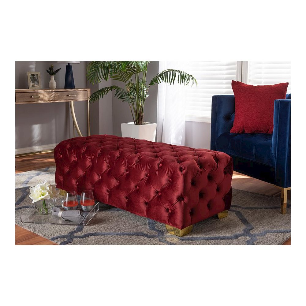 Baxton Studio Avara Glam and Luxe Burgundy Velvet Fabric Upholstered Gold Finished Button Tufted Bench Ottoman. Picture 1