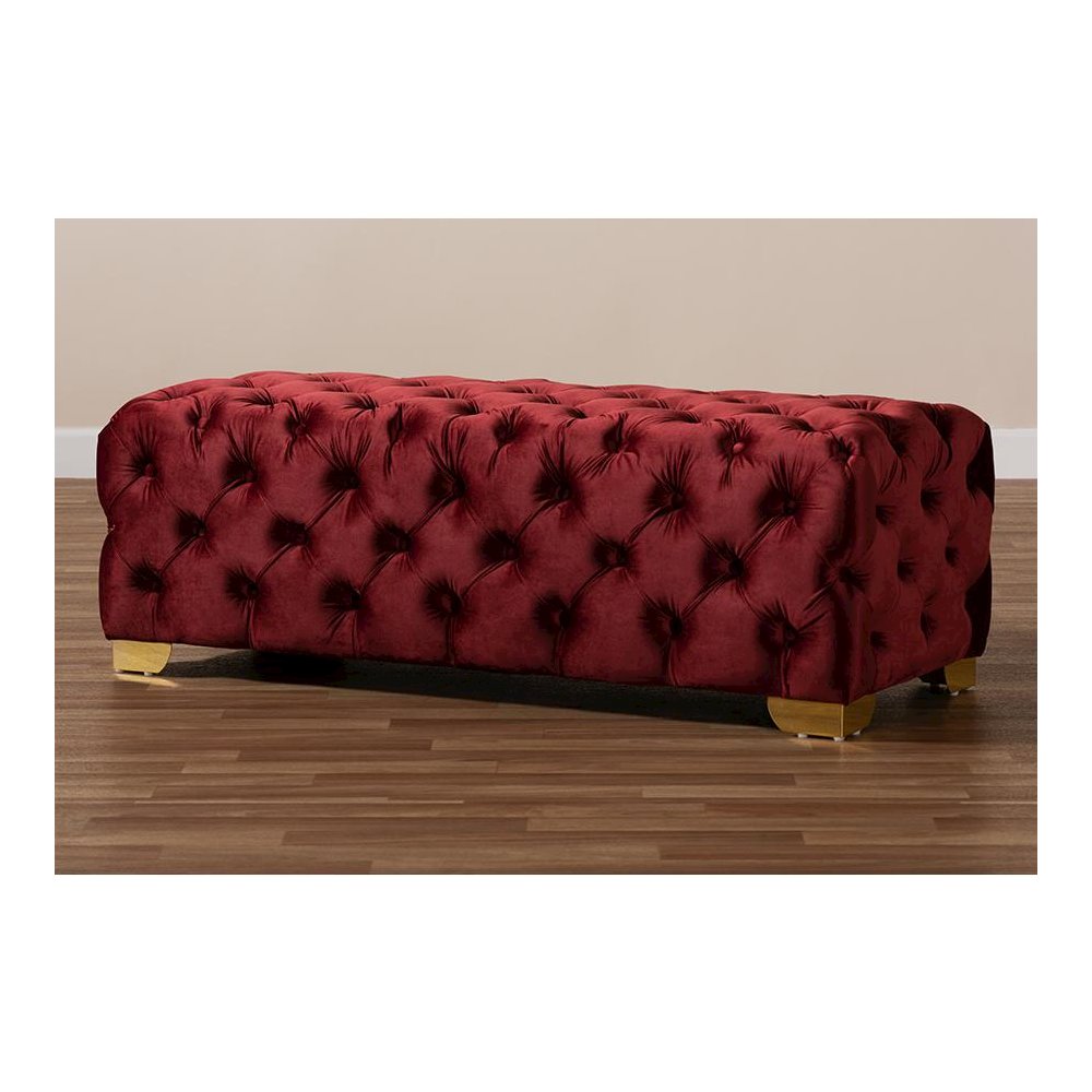 Baxton Studio Avara Glam and Luxe Burgundy Velvet Fabric Upholstered Gold Finished Button Tufted Bench Ottoman. Picture 8