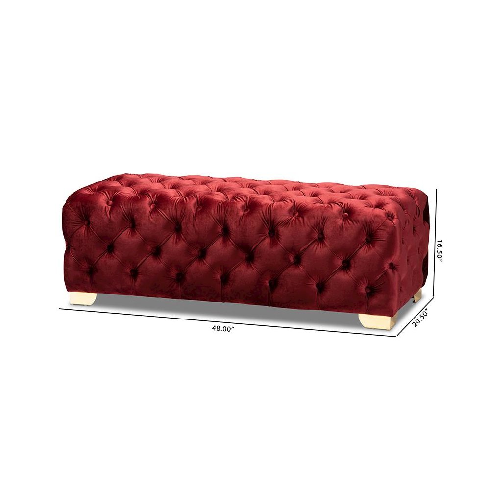 Baxton Studio Avara Glam and Luxe Burgundy Velvet Fabric Upholstered Gold Finished Button Tufted Bench Ottoman. Picture 9
