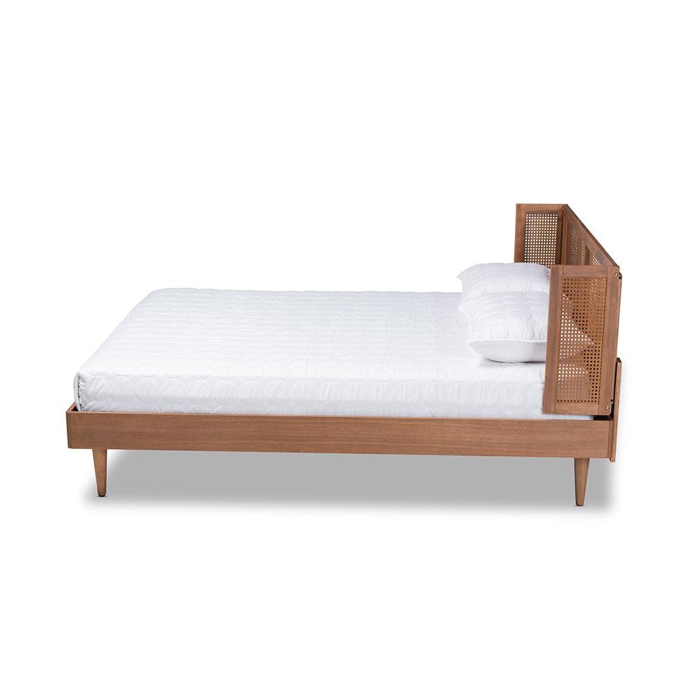 Baxton Studio Rina Mid-Century Modern Ash Wanut Finished Wood and Synthetic Rattan Full Size Platform Bed with Wrap-Around Headboard. Picture 3