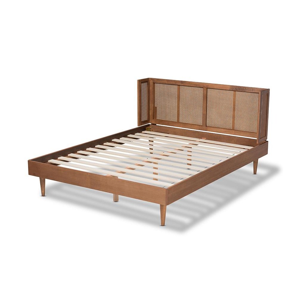 Baxton Studio Rina Mid-Century Modern Ash Wanut Finished Wood and Synthetic Rattan Full Size Platform Bed with Wrap-Around Headboard. Picture 4