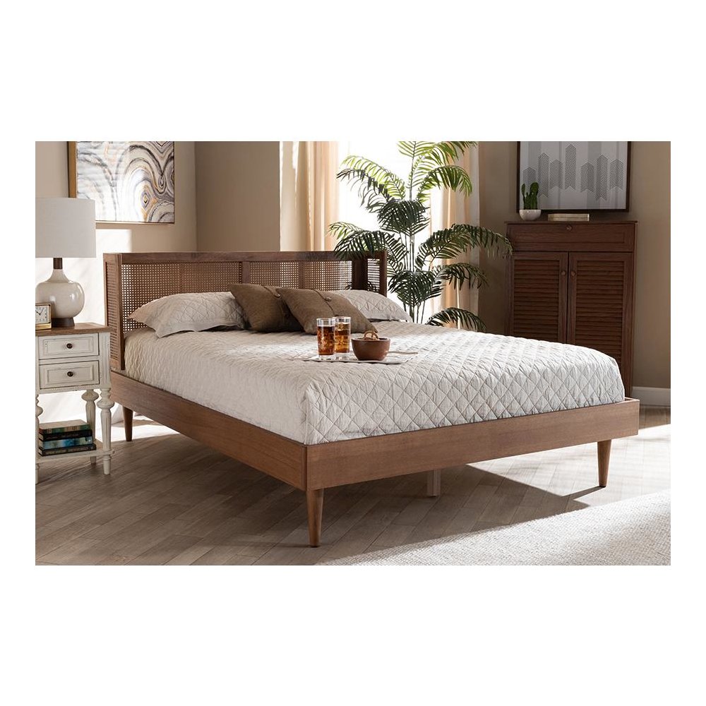 Baxton Studio Rina Mid-Century Modern Ash Wanut Finished Wood and Synthetic Rattan Full Size Platform Bed with Wrap-Around Headboard. Picture 2