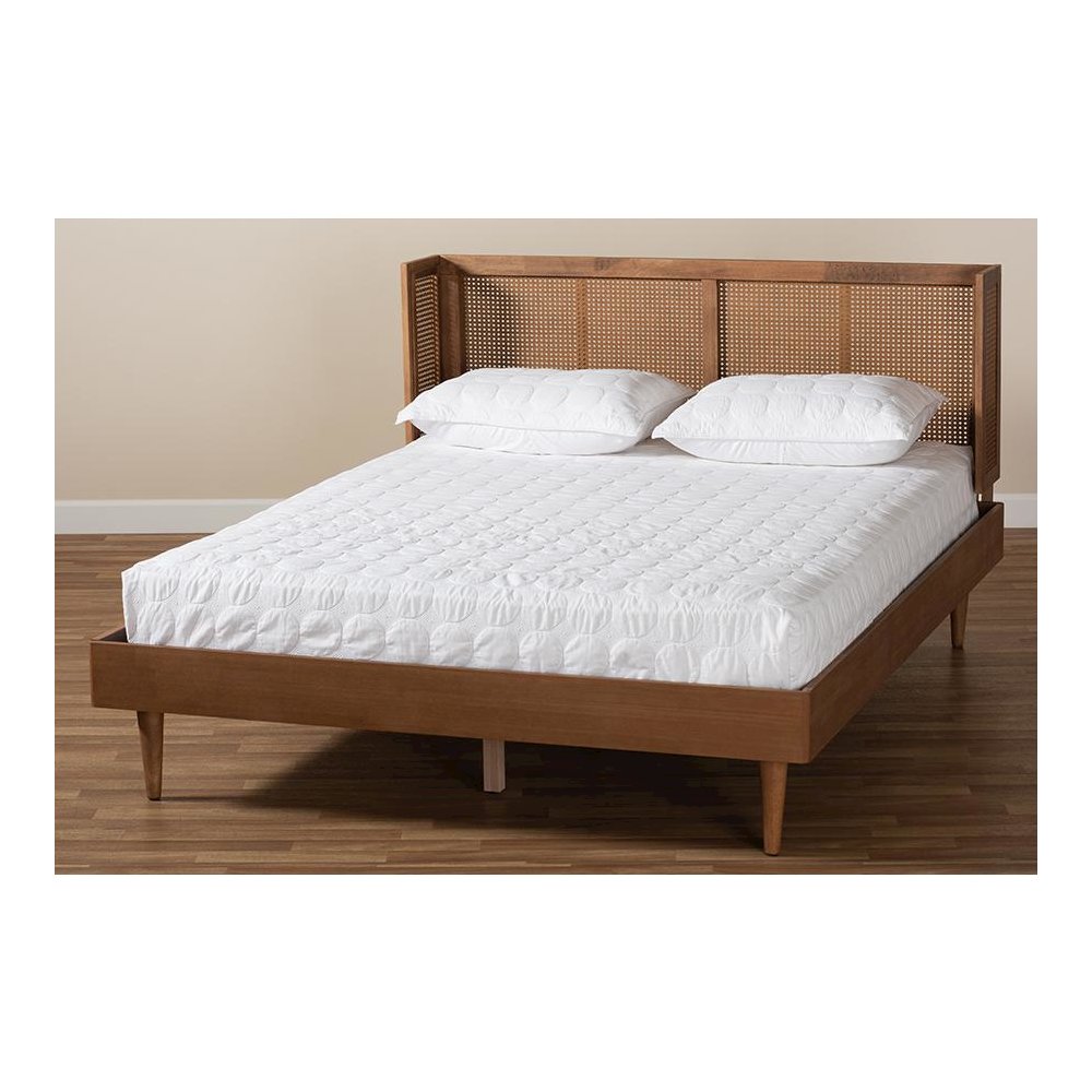 Baxton Studio Rina Mid-Century Modern Ash Wanut Finished Wood and Synthetic Rattan Full Size Platform Bed with Wrap-Around Headboard. Picture 8