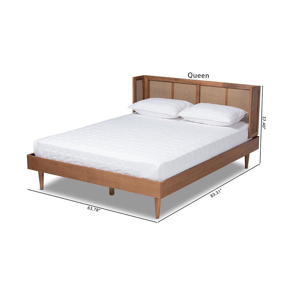 Baxton Studio Rina Mid-Century Modern Ash Wanut Finished Wood and Synthetic Rattan Full Size Platform Bed with Wrap-Around Headboard. Picture 10