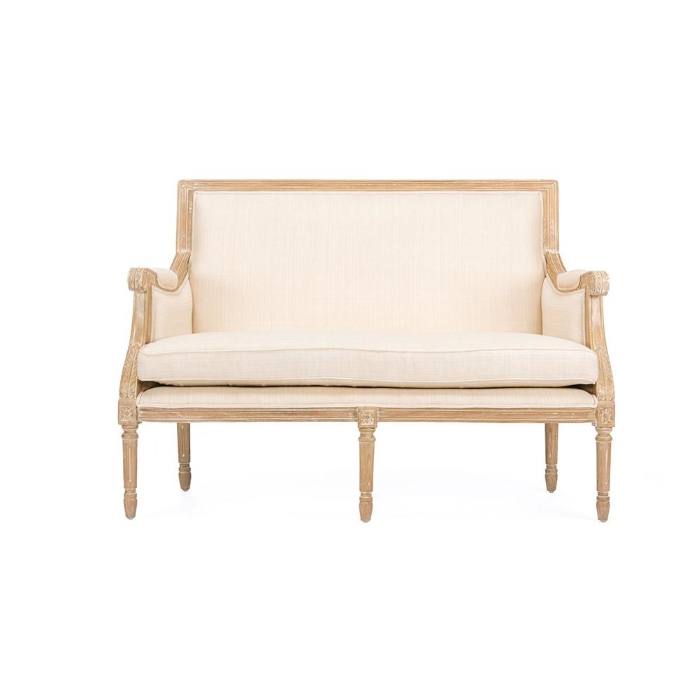 Chavanon Wood & Light Beige Linen Traditional French Loveseat Light Beige/Natural. Picture 1
