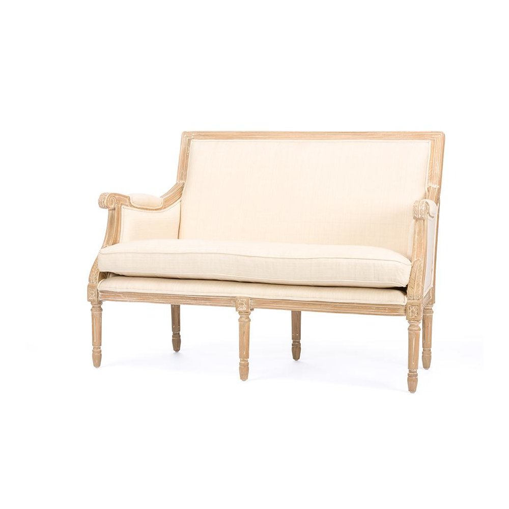 Chavanon Wood & Light Beige Linen Traditional French Loveseat Light Beige/Natural. Picture 2