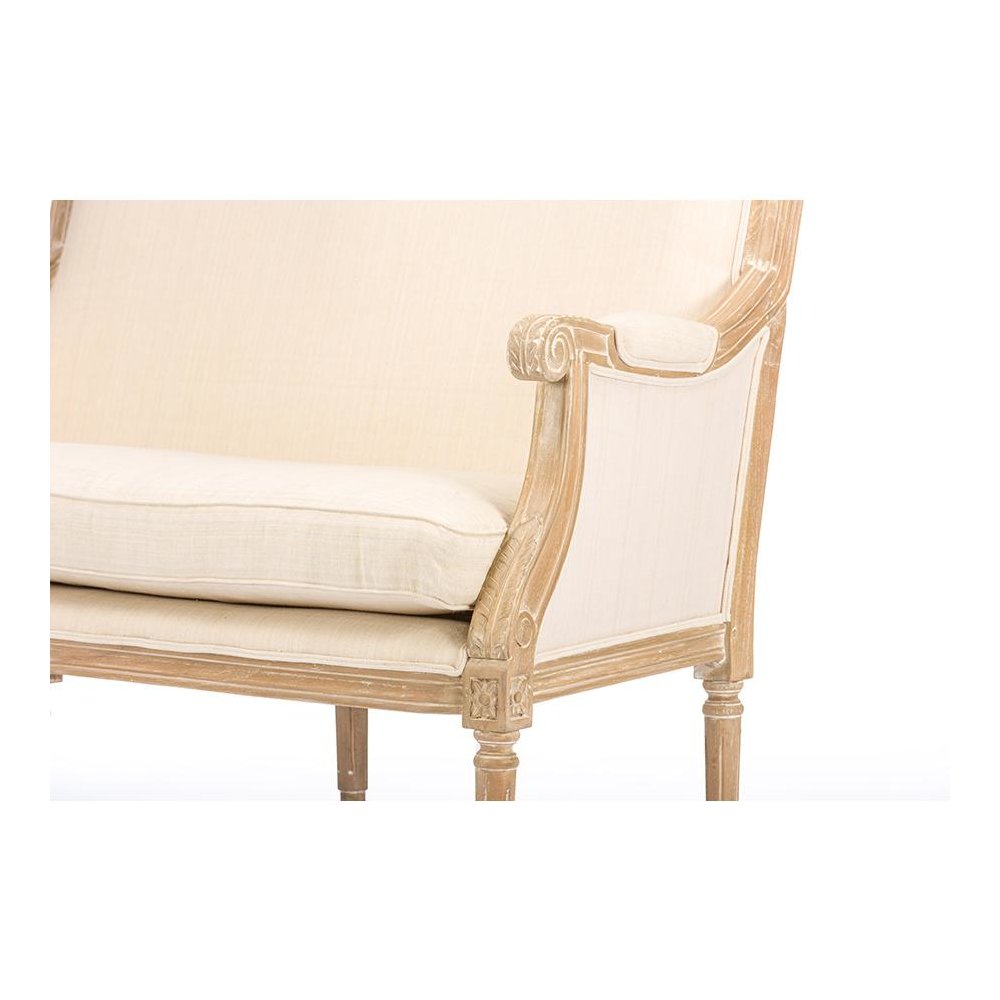 Chavanon Wood & Light Beige Linen Traditional French Loveseat Light Beige/Natural. Picture 3