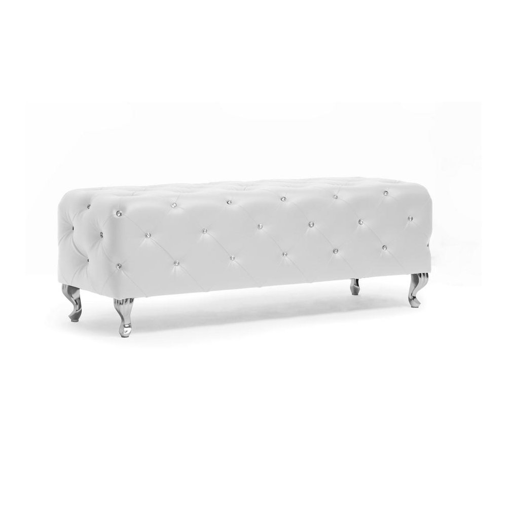 Crystal Tufted White Leather Bench. Picture 1