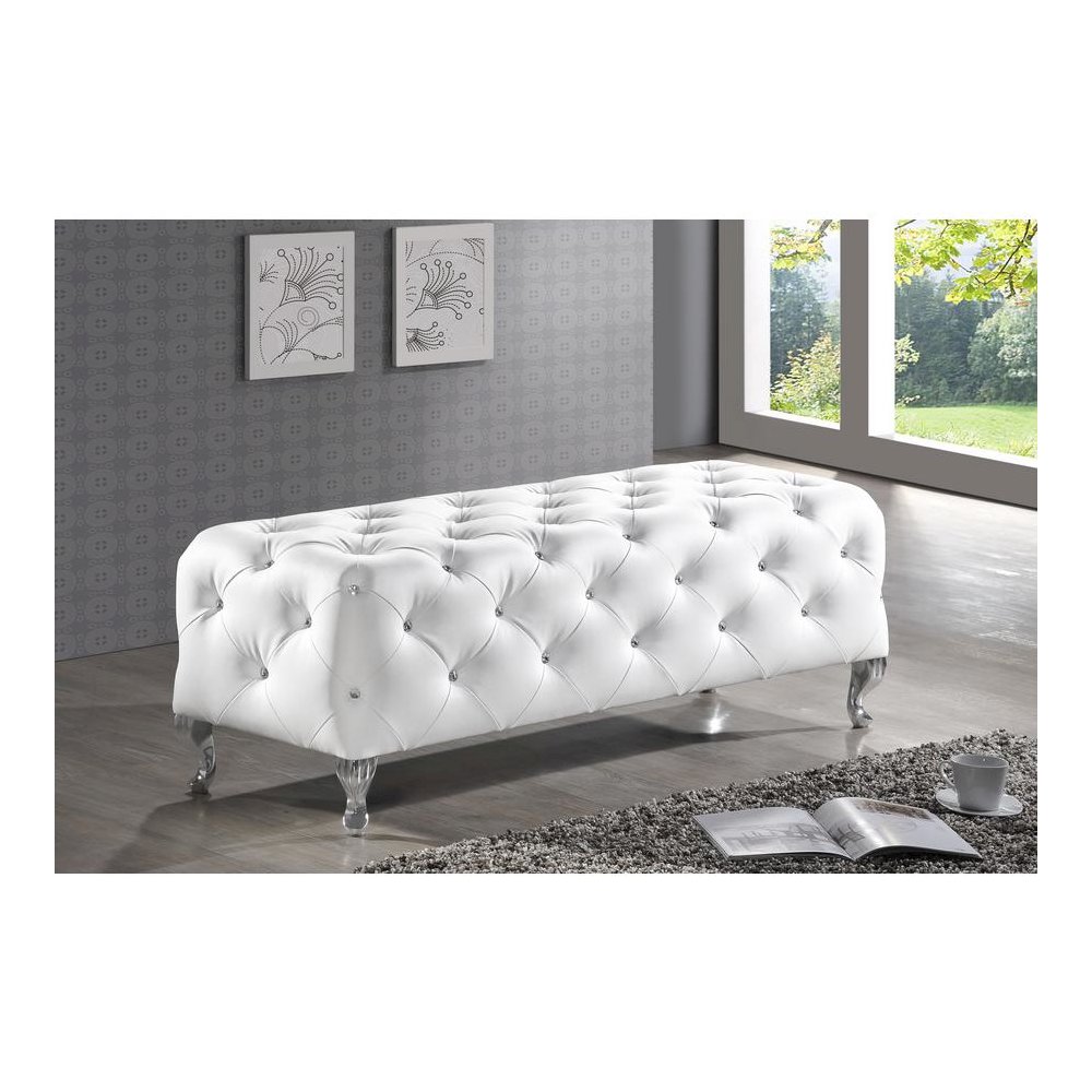 Crystal Tufted White Leather Bench. Picture 2