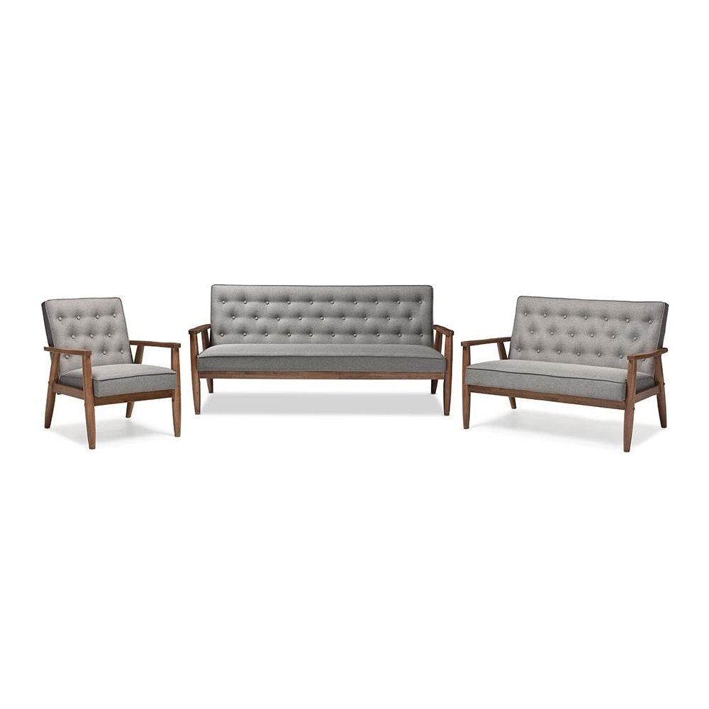 Sorrento Mid-century Retro Modern Grey Fabric Upholstered Wooden 3 Piece Living room Set. Picture 1