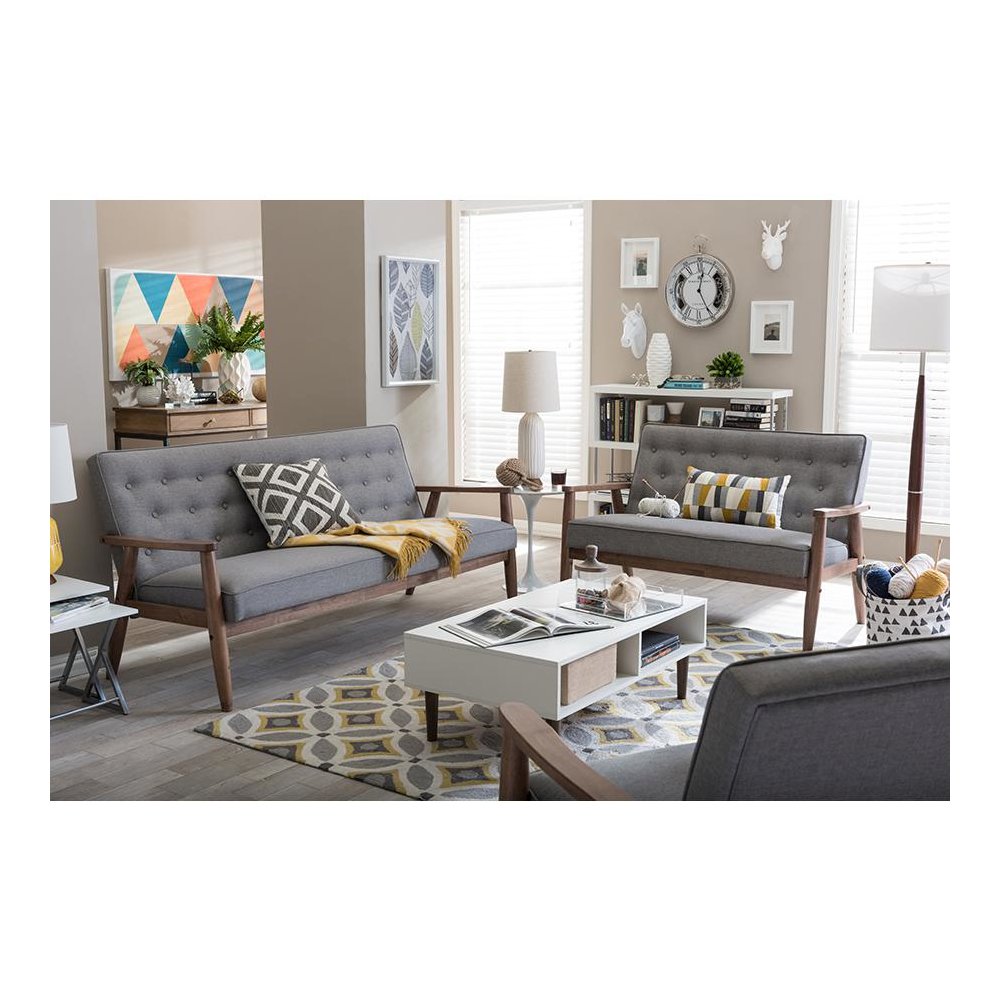 Sorrento Mid-century Retro Modern Grey Fabric Upholstered Wooden 3 Piece Living room Set. Picture 2