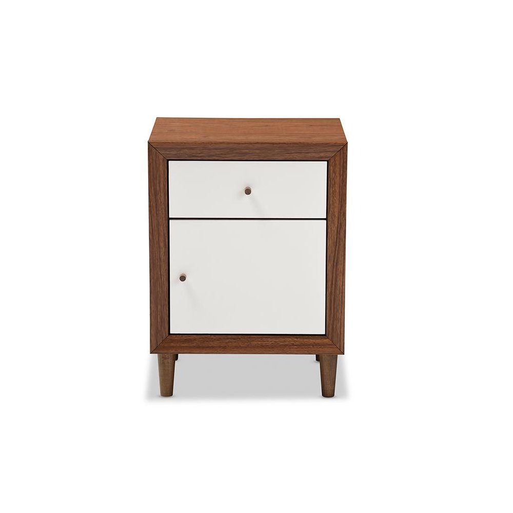 Harlow Mid-century Modern Scandinavian Style White and Walnut Wood 1-drawer and 1-door Nightstand "Walnut" Brown/White. Picture 1