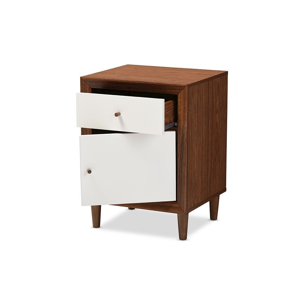 Harlow Mid-century Modern Scandinavian Style White and Walnut Wood 1-drawer and 1-door Nightstand "Walnut" Brown/White. Picture 4