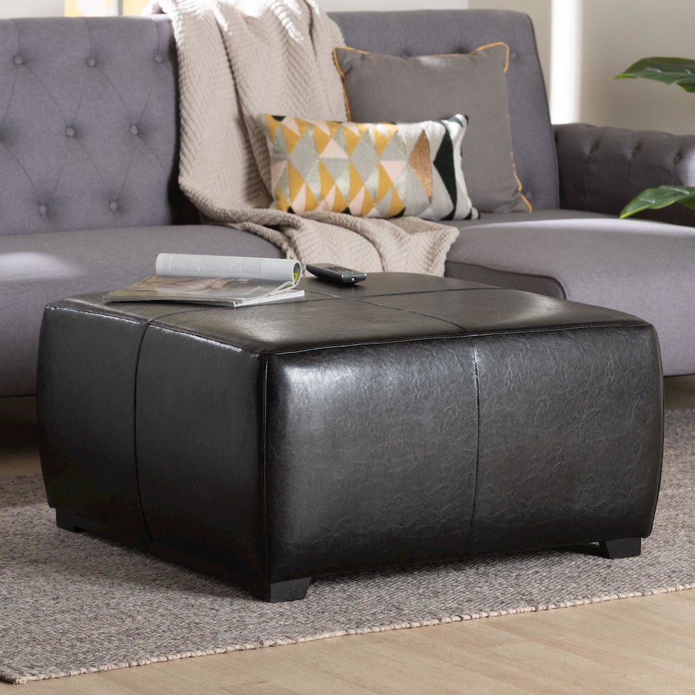 Baxton Studio Black Faux Leather Square Ottoman Footstool. Picture 6