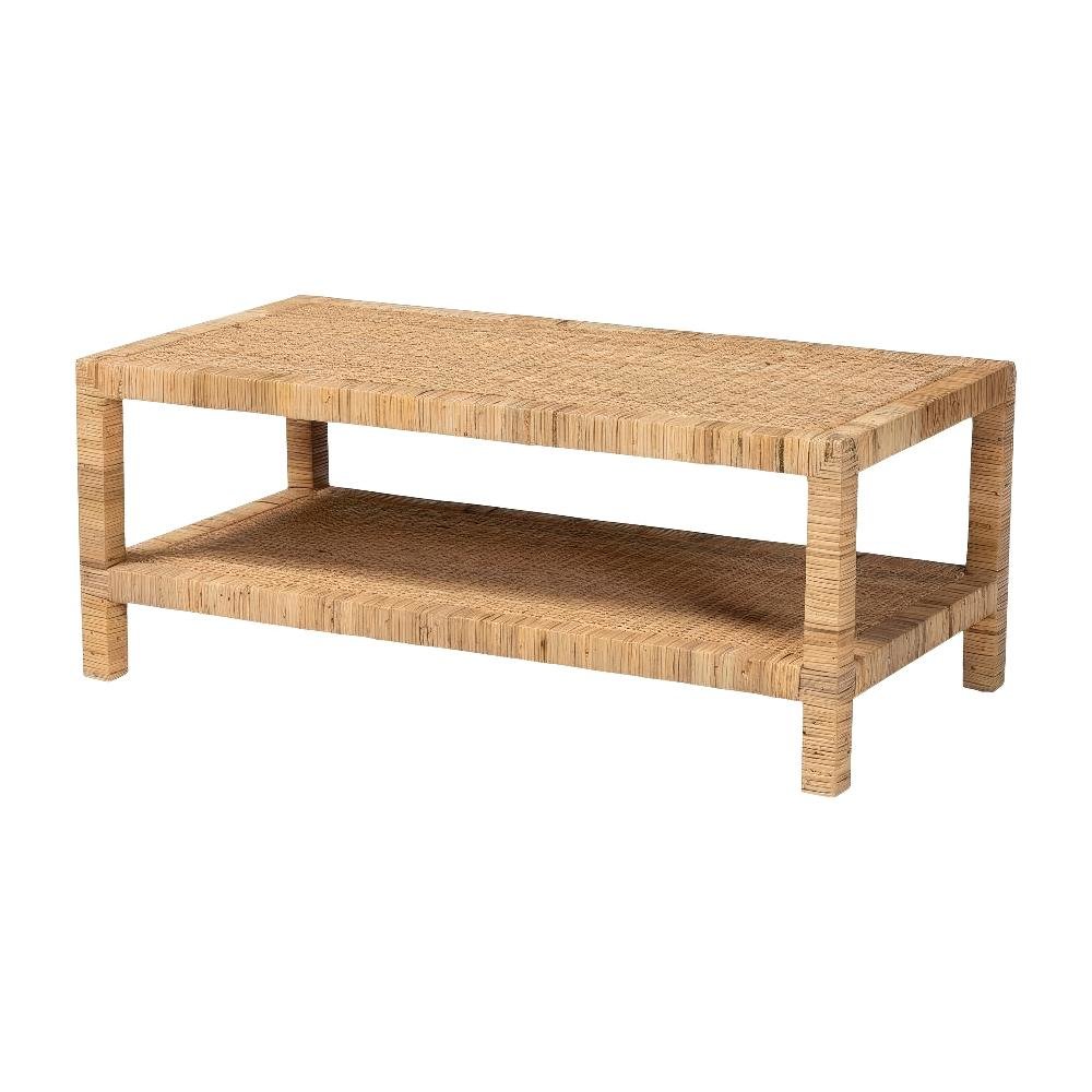 Light Honey Rattan and Mahogany Wood Coffee Table with Rattan-accent Frame. Picture 1