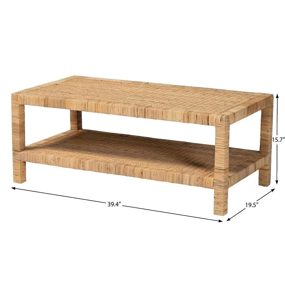 Light Honey Rattan and Mahogany Wood Coffee Table with Rattan-accent Frame. Picture 4