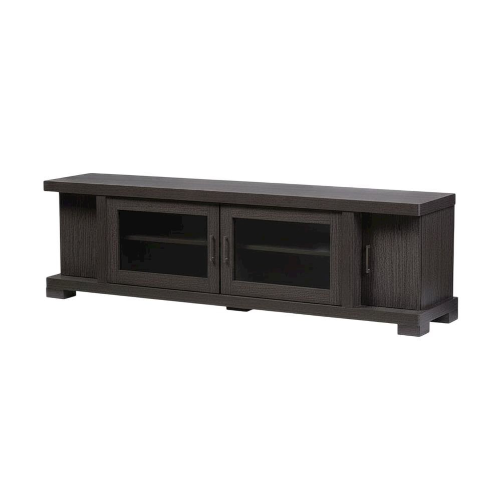 Contemporary Brown Wood TV Stand with Glass Doors and Elegant Finish. Picture 1