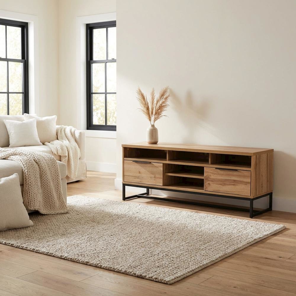Black Wood and Metal TV Stand with Contemporary Design and 2 Drawers. Picture 3