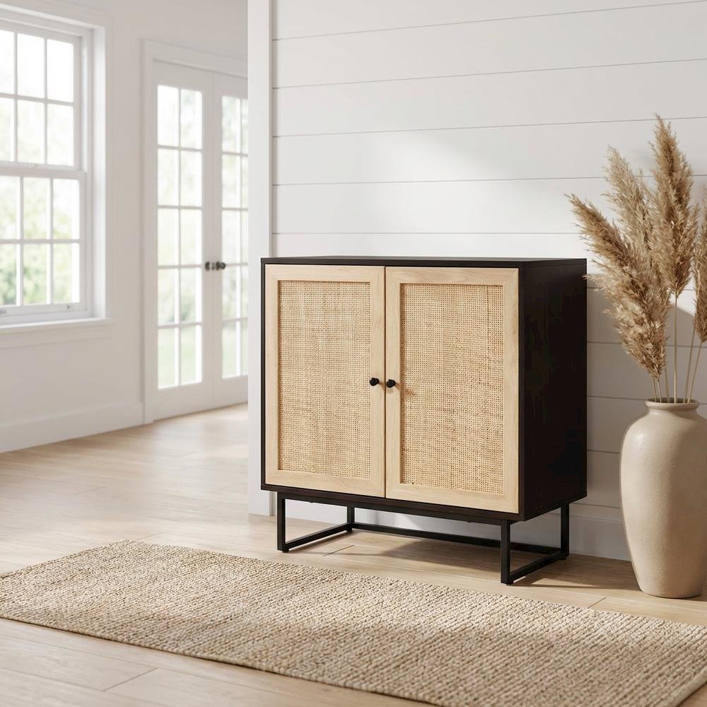 Wood And Rattan 2-Door Storage Cabinet With Mid-Century Style. Picture 2