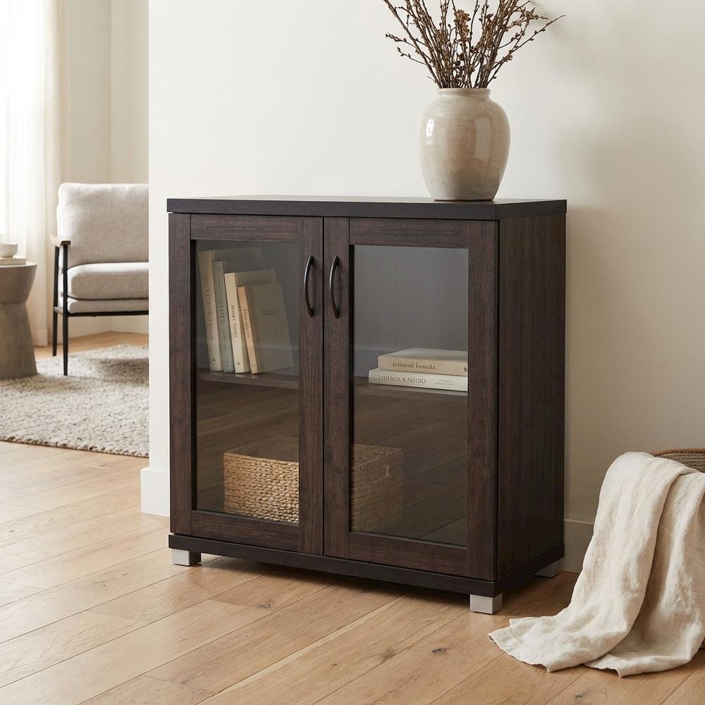 Dark Brown Sideboard Storage Cabinet With Glass Doors For Contemporary Living. Picture 3
