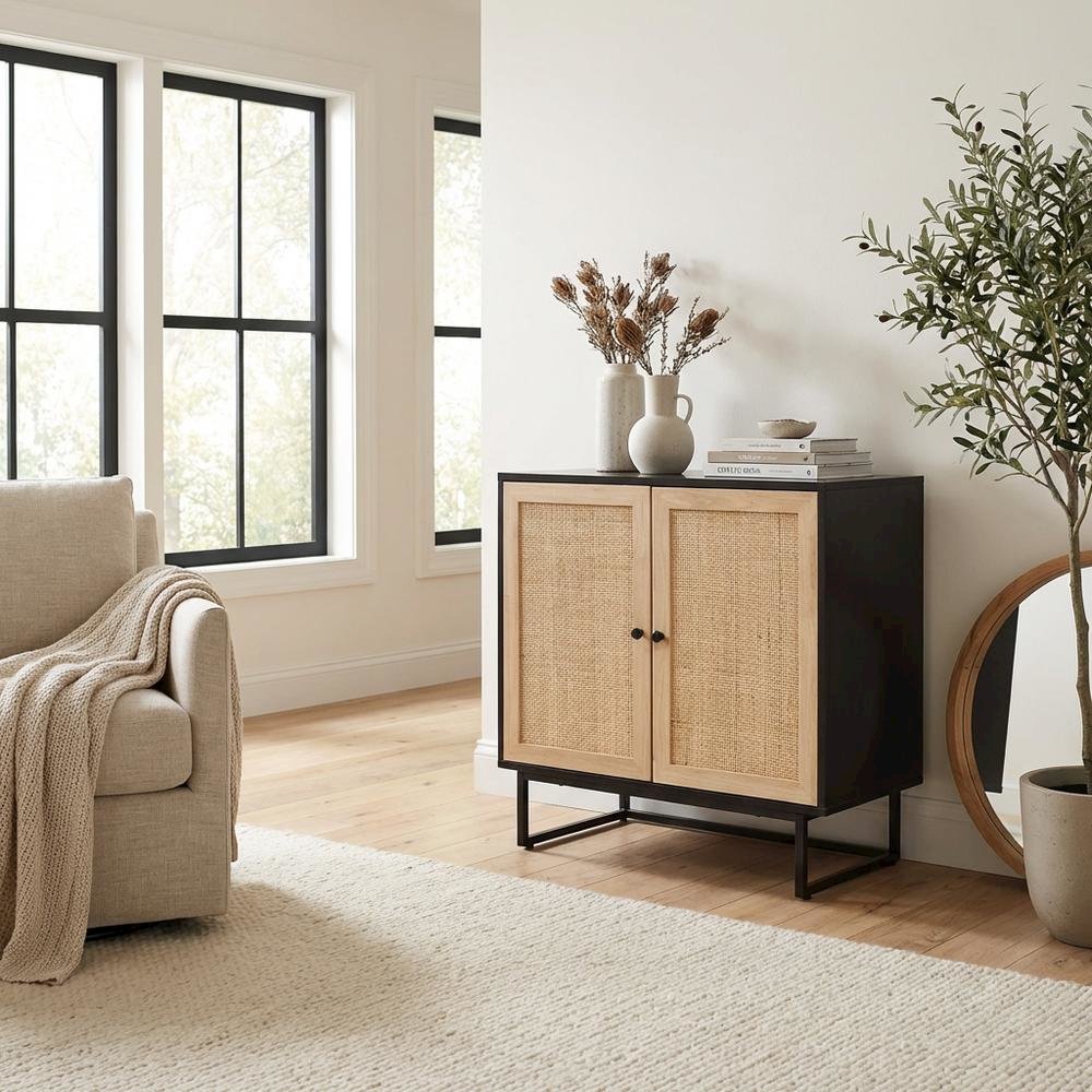 Wood And Rattan 2-Door Storage Cabinet With Mid-Century Style. Picture 3