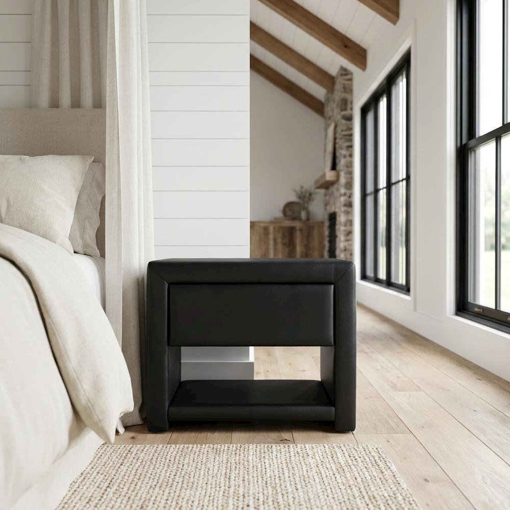 Black Upholstered Nightstand with Faux Leather and Wood Finish. Picture 2